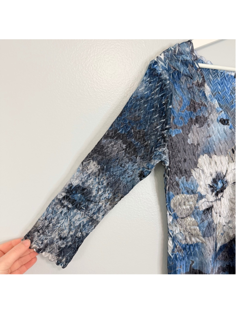 KOMAROV Blue Gray Floral Pleated Charmeuse Cocktail Dress Lace Sleeve Size XL - Picture 6 of 15